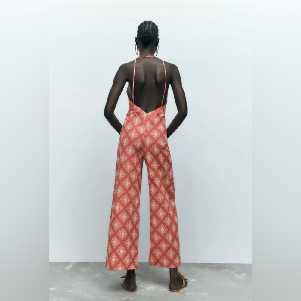 Zara NWOT Printed The Jami Print Jumpsuit orange/creme size Small - Picture 2 of 9
